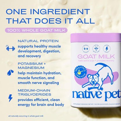 Goat Milk Powder - Dog Food Topper for Active Dogs - Post-Activity Recovery, Energy, Immune Support, Hydration & Bone Health - Whole Goat Milk with Mcts & Essential Minerals - 120 Scoops