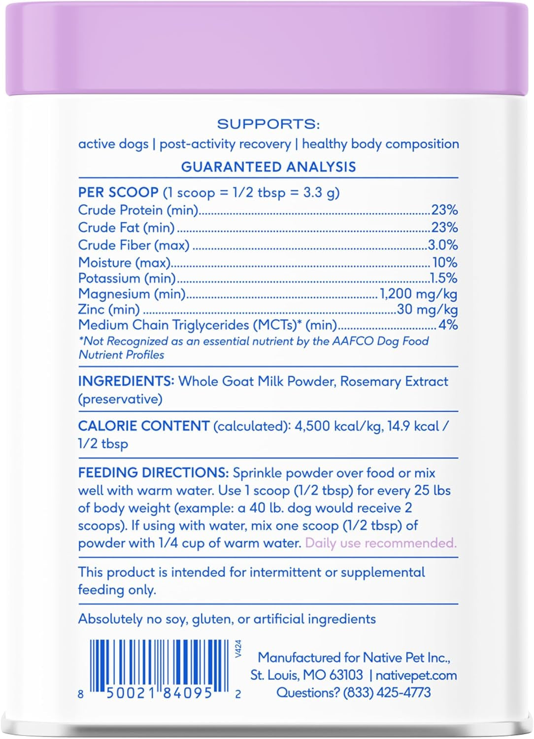 Goat Milk Powder - Dog Food Topper for Active Dogs - Post-Activity Recovery, Energy, Immune Support, Hydration & Bone Health - Whole Goat Milk with Mcts & Essential Minerals - 120 Scoops