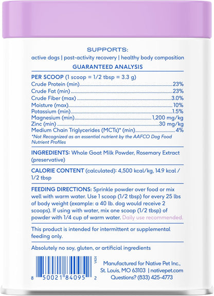Goat Milk Powder - Dog Food Topper for Active Dogs - Post-Activity Recovery, Energy, Immune Support, Hydration & Bone Health - Whole Goat Milk with Mcts & Essential Minerals - 120 Scoops