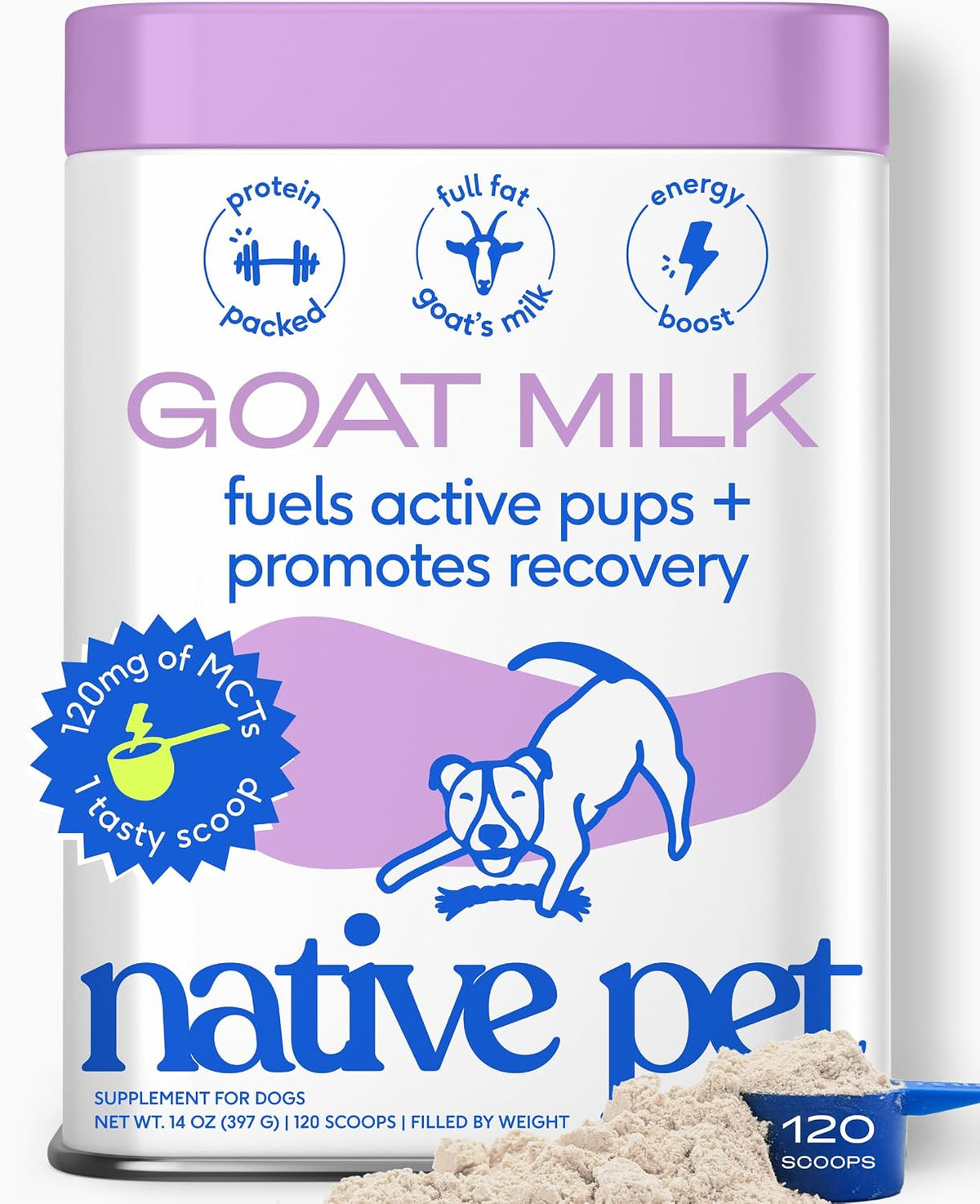Goat Milk Powder - Dog Food Topper for Active Dogs - Post-Activity Recovery, Energy, Immune Support, Hydration & Bone Health - Whole Goat Milk with Mcts & Essential Minerals - 120 Scoops
